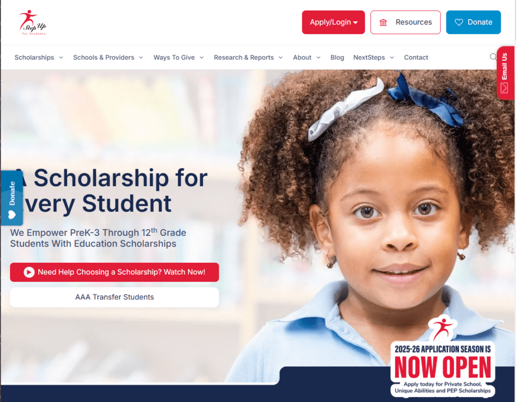 Screenshot of Step Up For Students website showing scholarship application sections