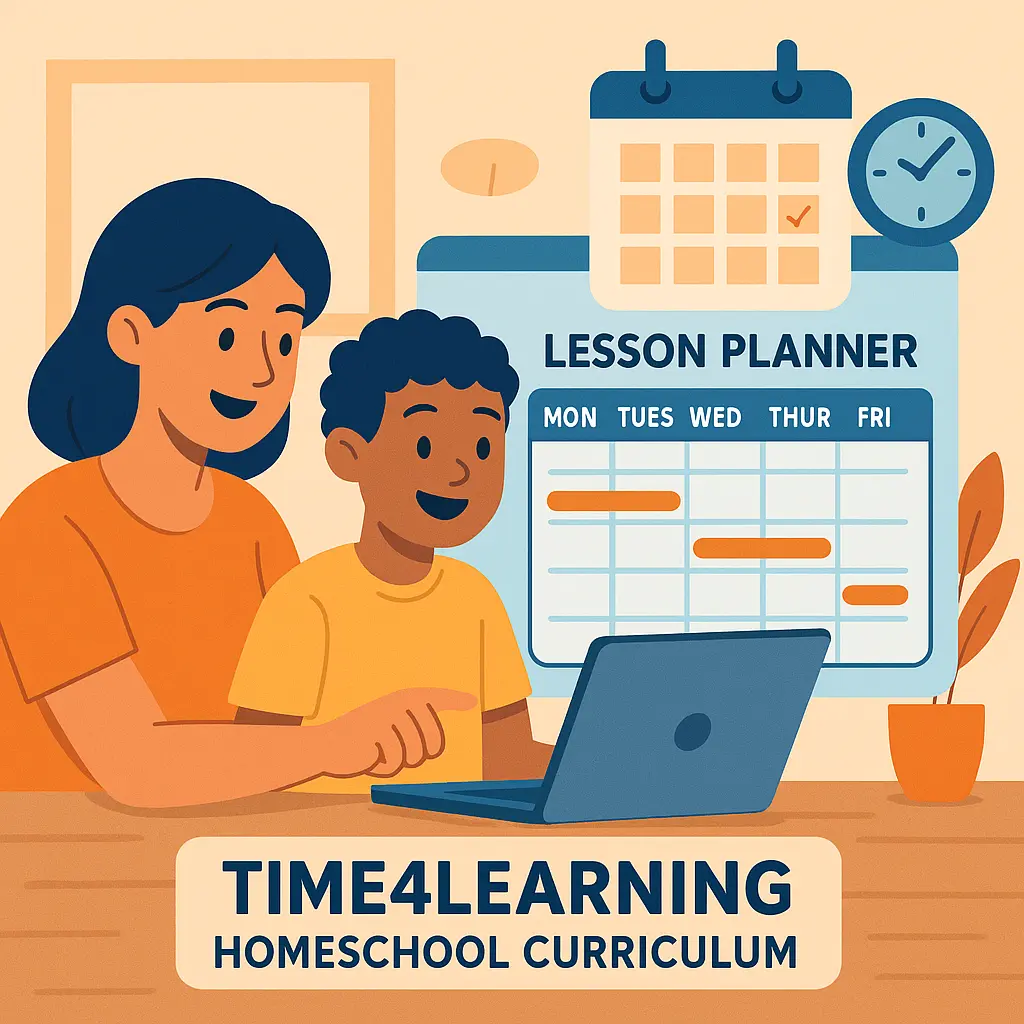 Parent and child adjusting a digital lesson-planner calendar labeled “Lesson Planner” on the screen