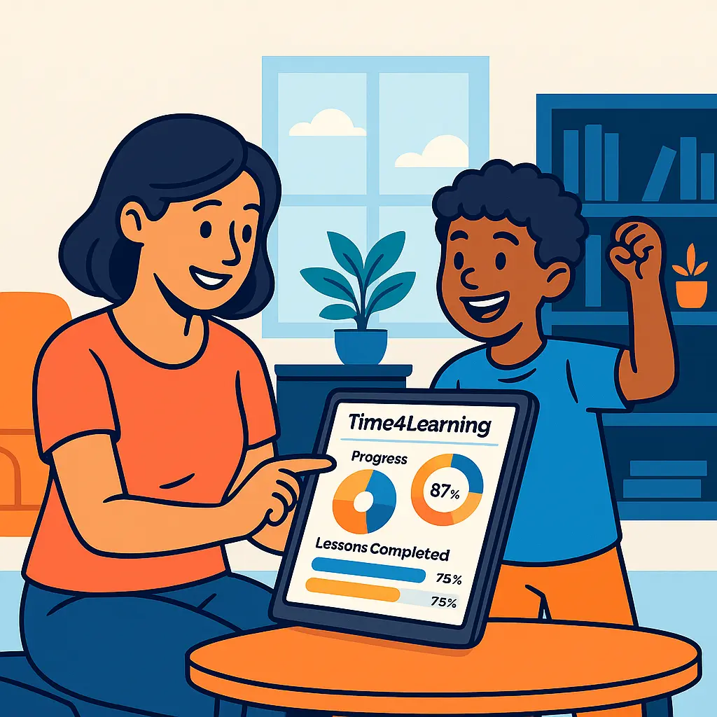 Parent showing a tablet dashboard with colorful charts of the child’s Time4Learning progress; child cheering