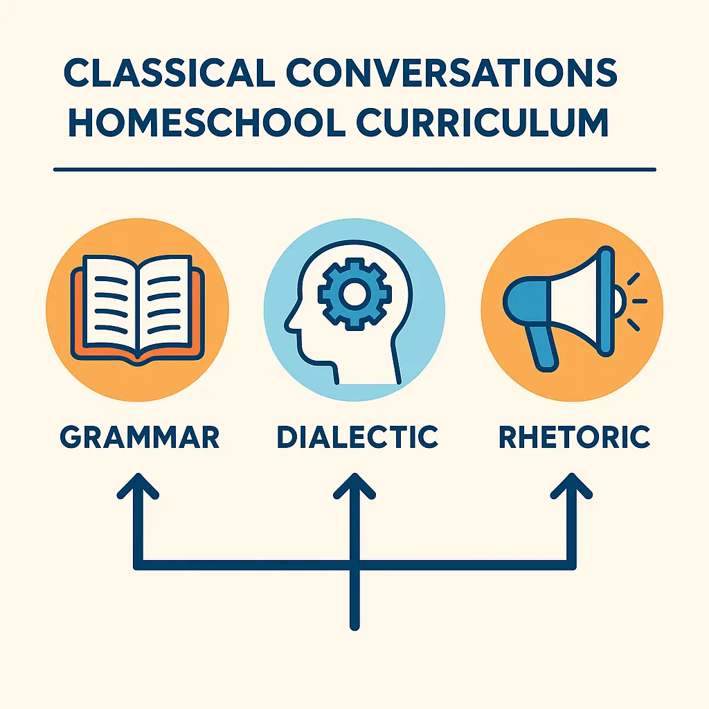 Diagram of Grammar, Dialectic, and Rhetoric stages in Classical Conversations homeschool curriculum