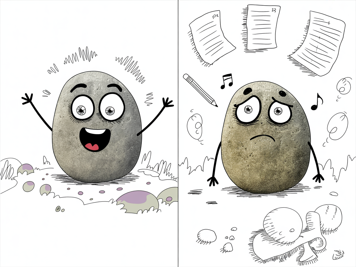 Auditory learning strategies: stone character happy listening vs. frustrated with written work