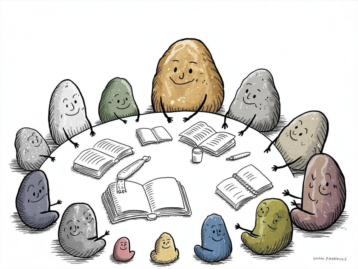 Homeschool family stone characters studying together with bible curriculum homeschool materials