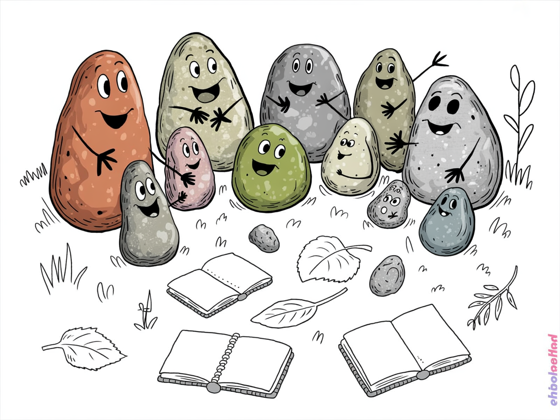 Multi-age homeschool co-op classes with stone characters collaborating on nature study