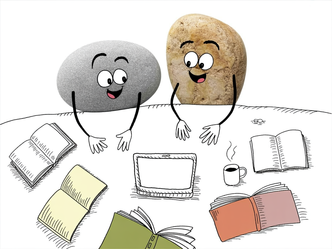 Homeschool curriculum materials and resources spread across table with stone characters