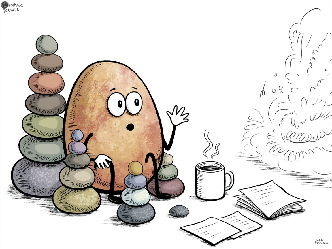 Homeschool curriculum review: stone character surrounded by learning options and coffee