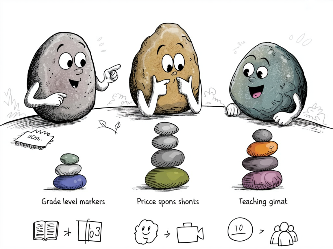 Homeschool economics curriculum comparison: stone characters analyzing side-by-side curriculum options