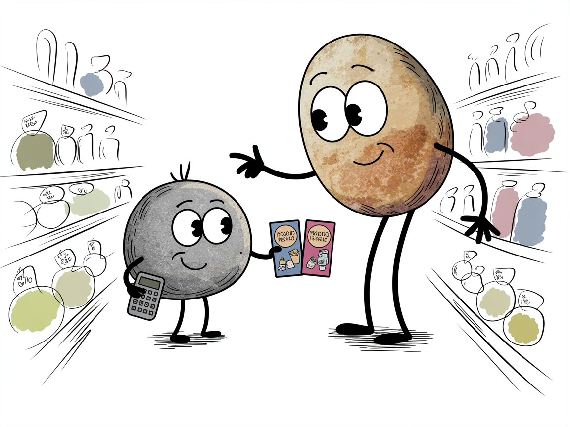 Homeschool economics curriculum in action: stone characters comparing products with calculator at grocery store