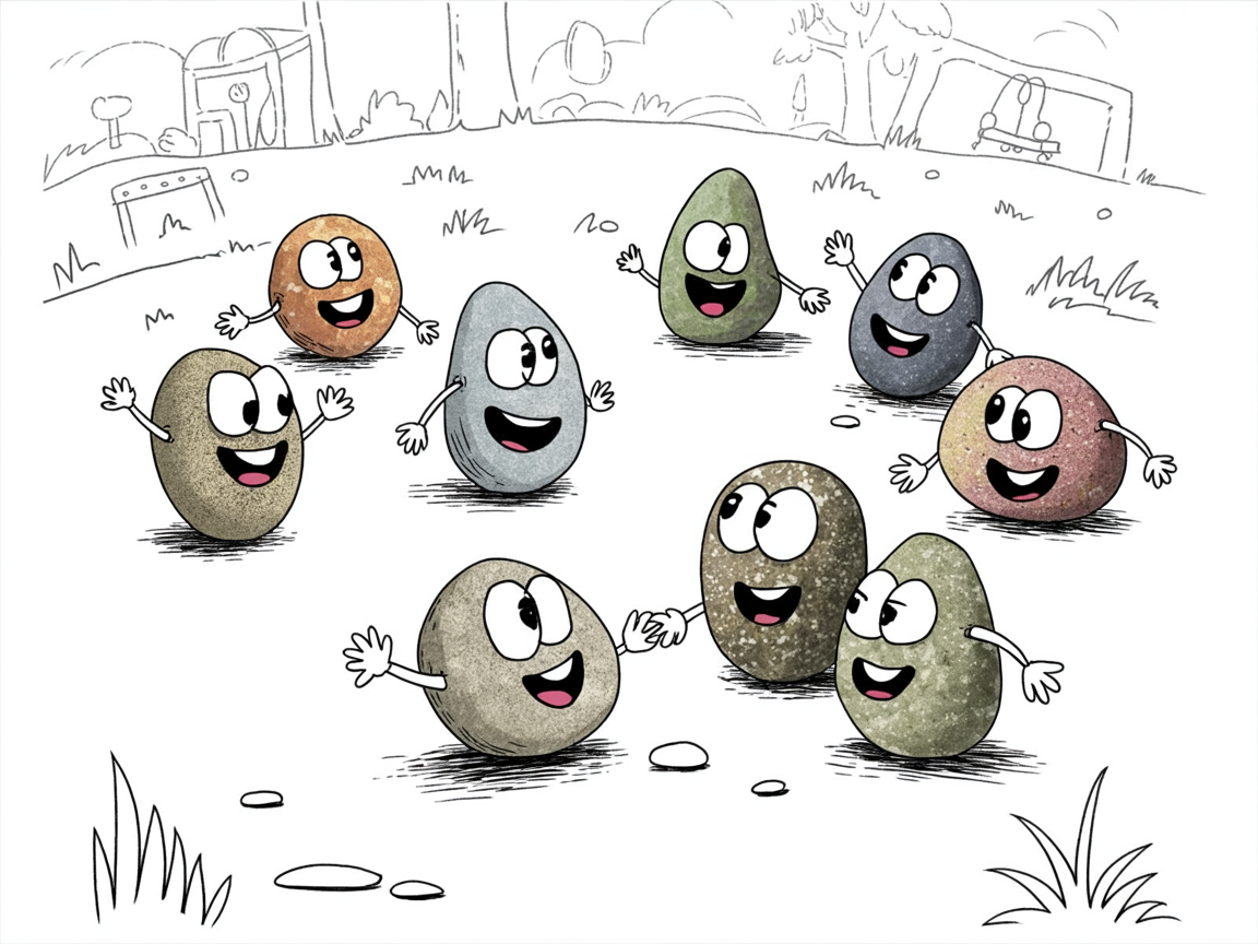 Elementary-aged stone characters in unstructured play showing natural peer interaction during homeschool extracurricular activities