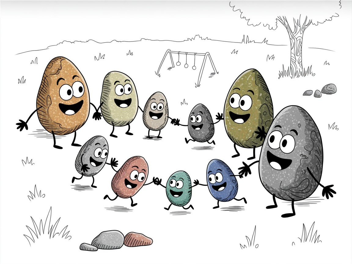 Stone characters of different ages playing together showing natural peer interaction in homeschool extracurricular activities