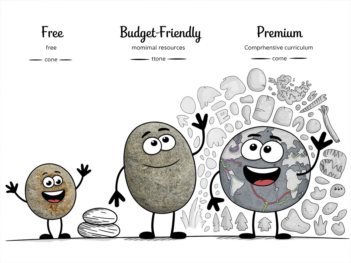 Free, budget-friendly, and premium homeschool geography curriculum options compared with stone characters