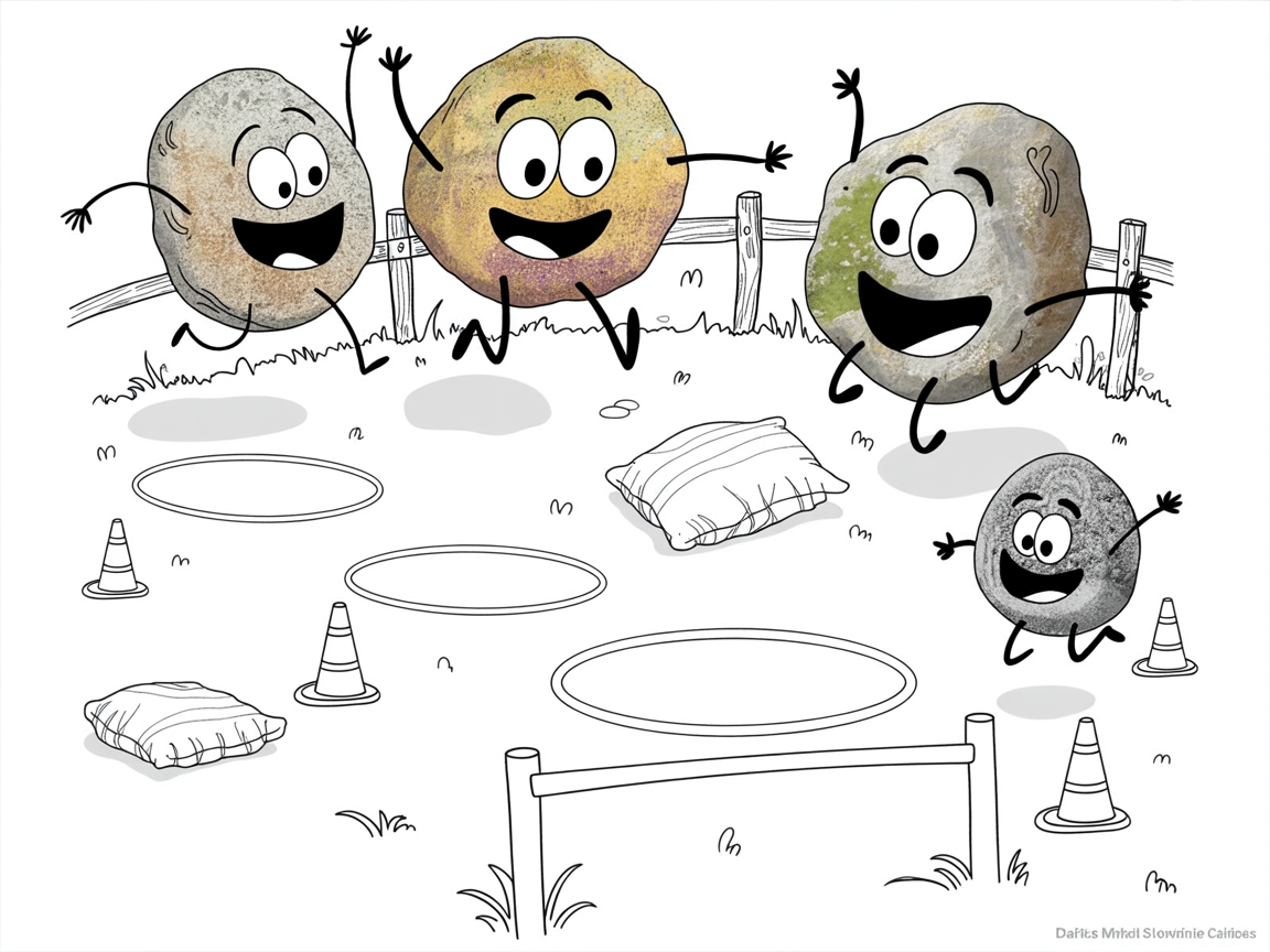 Stone characters playing in DIY obstacle course—budget-friendly homeschool physical education activities