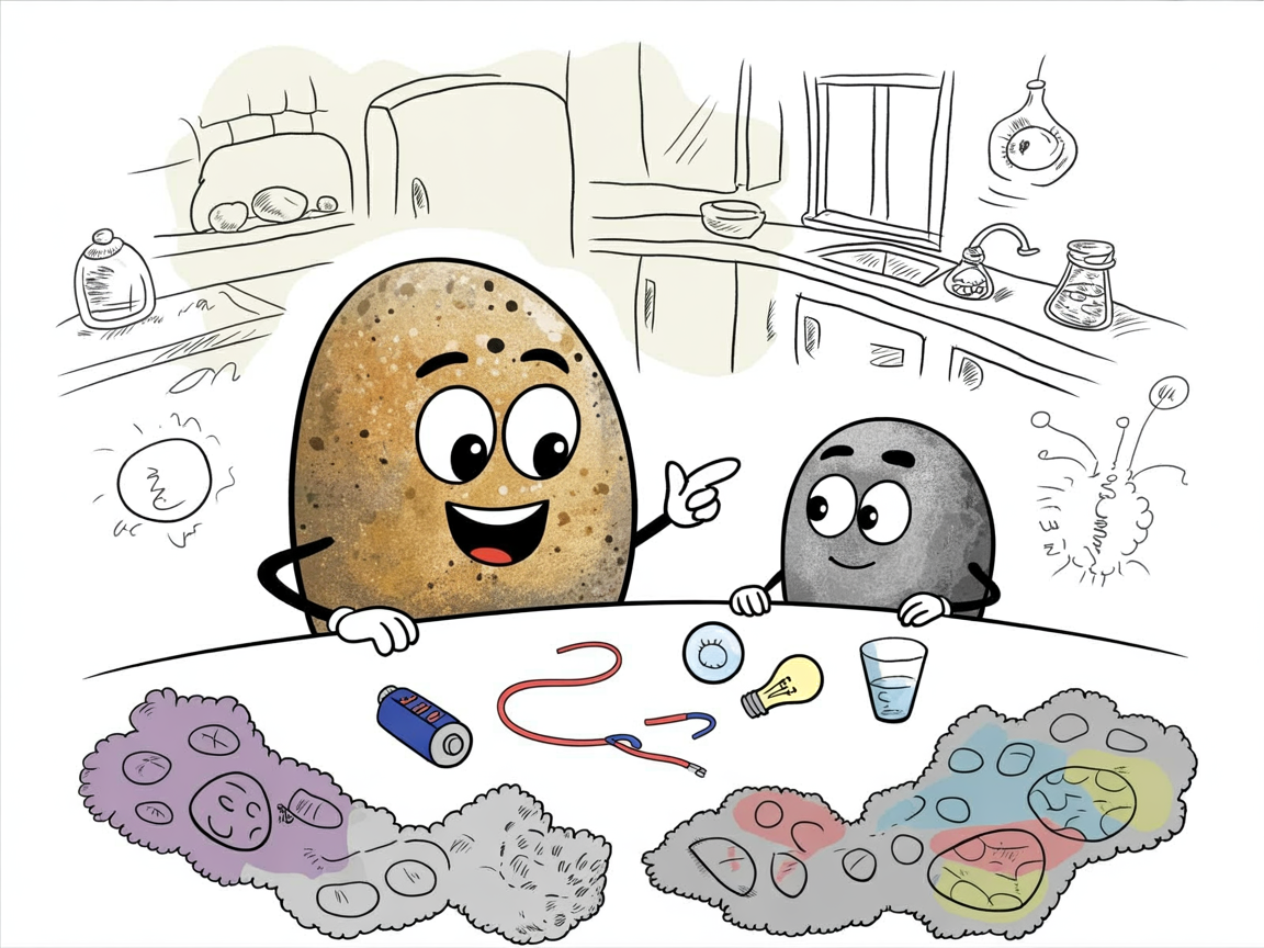 Parent and child stone characters engaged in homeschool science kits activity at kitchen table