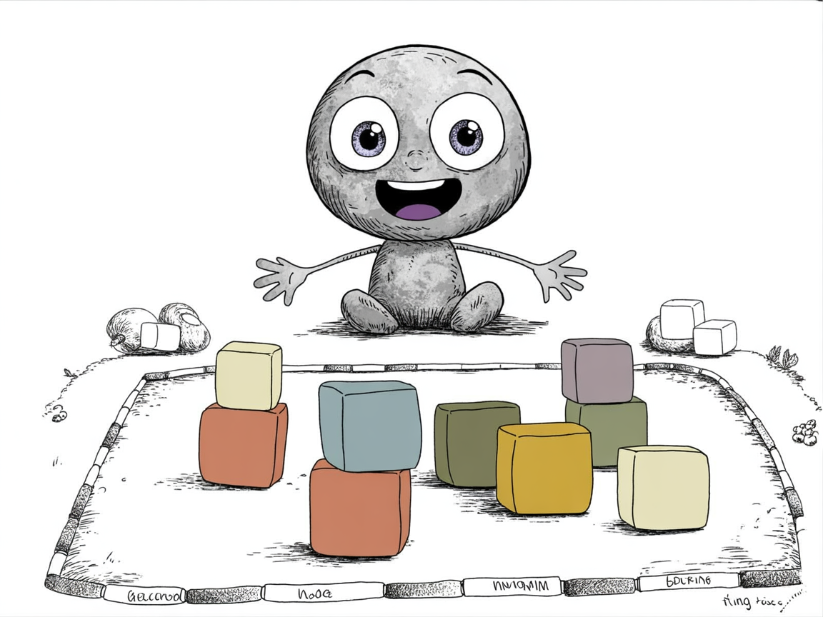 Homeschool STEM curriculum coding activity with stone child arranging colorful blocks