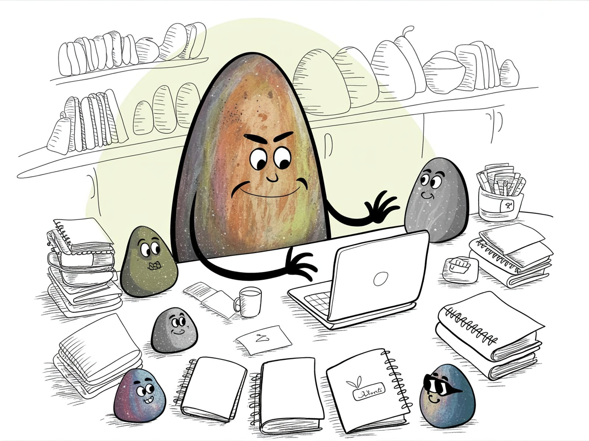 Stone character organizing homeschool records and building transcript at kitchen table