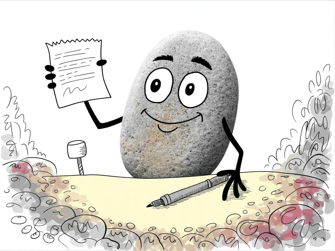 Stone character confidently holding a homeschool transcript document at a desk