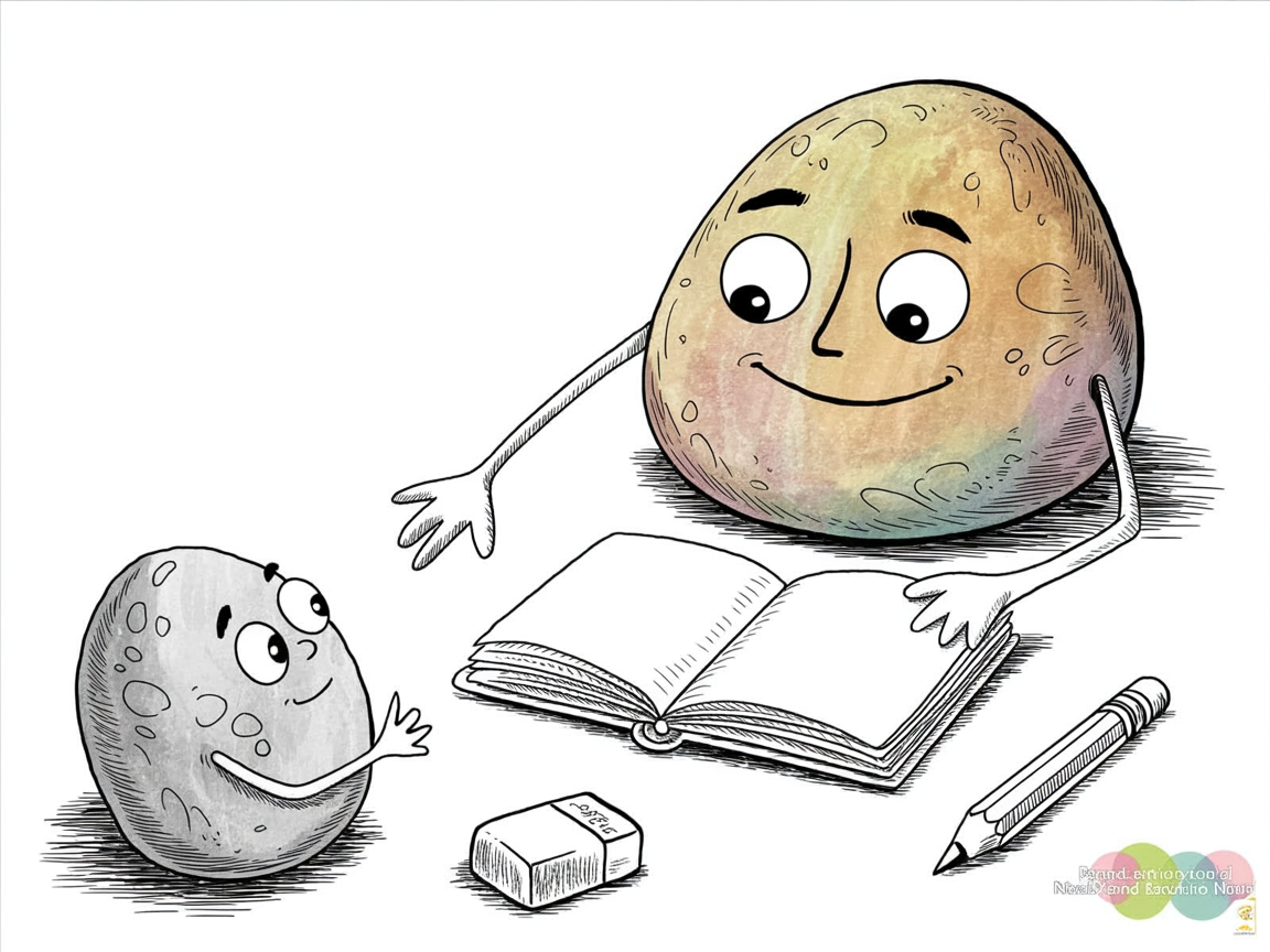 Parent stone character teaching writing to student at table