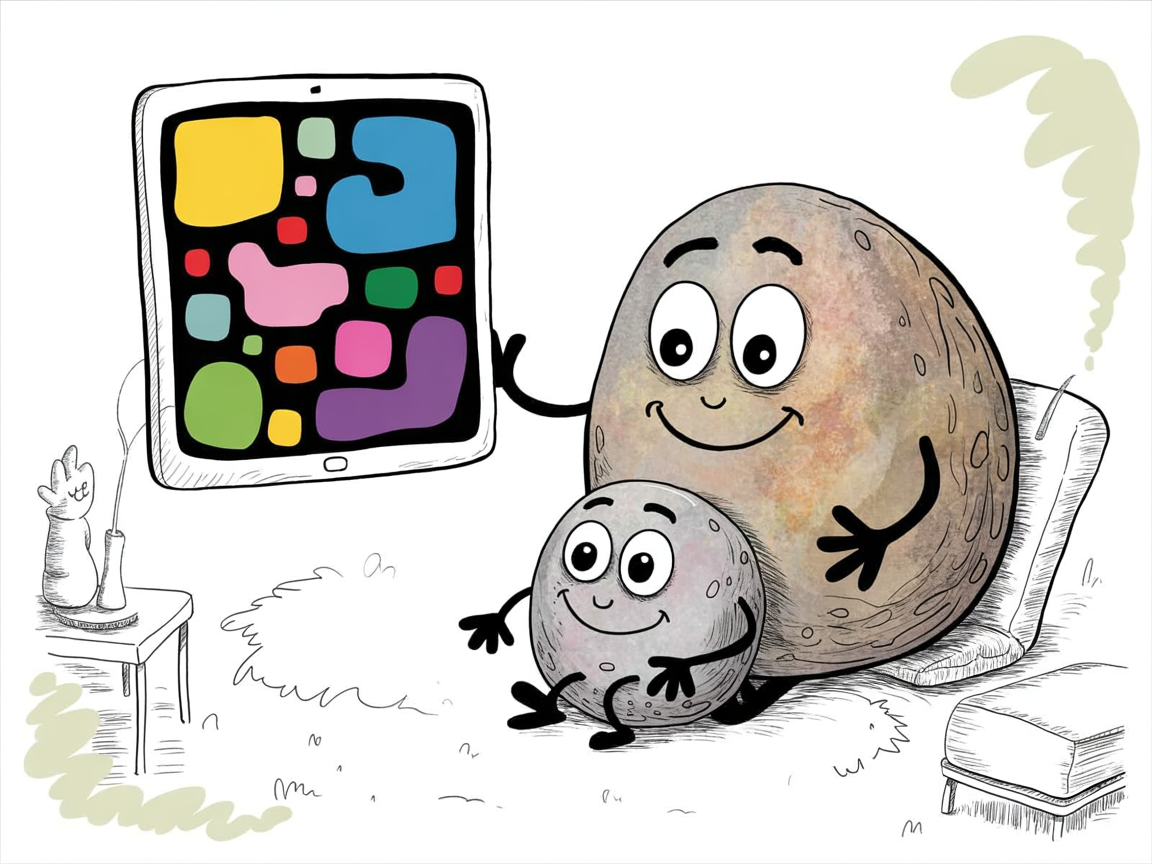 Stone characters exploring immersion language learning app on tablet with colorful interface