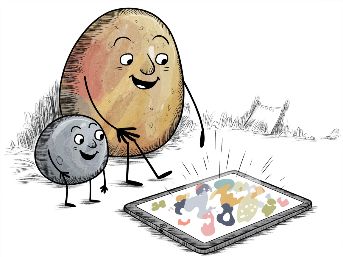 Parent and child stone characters engaged with immersion language learning on tablet together