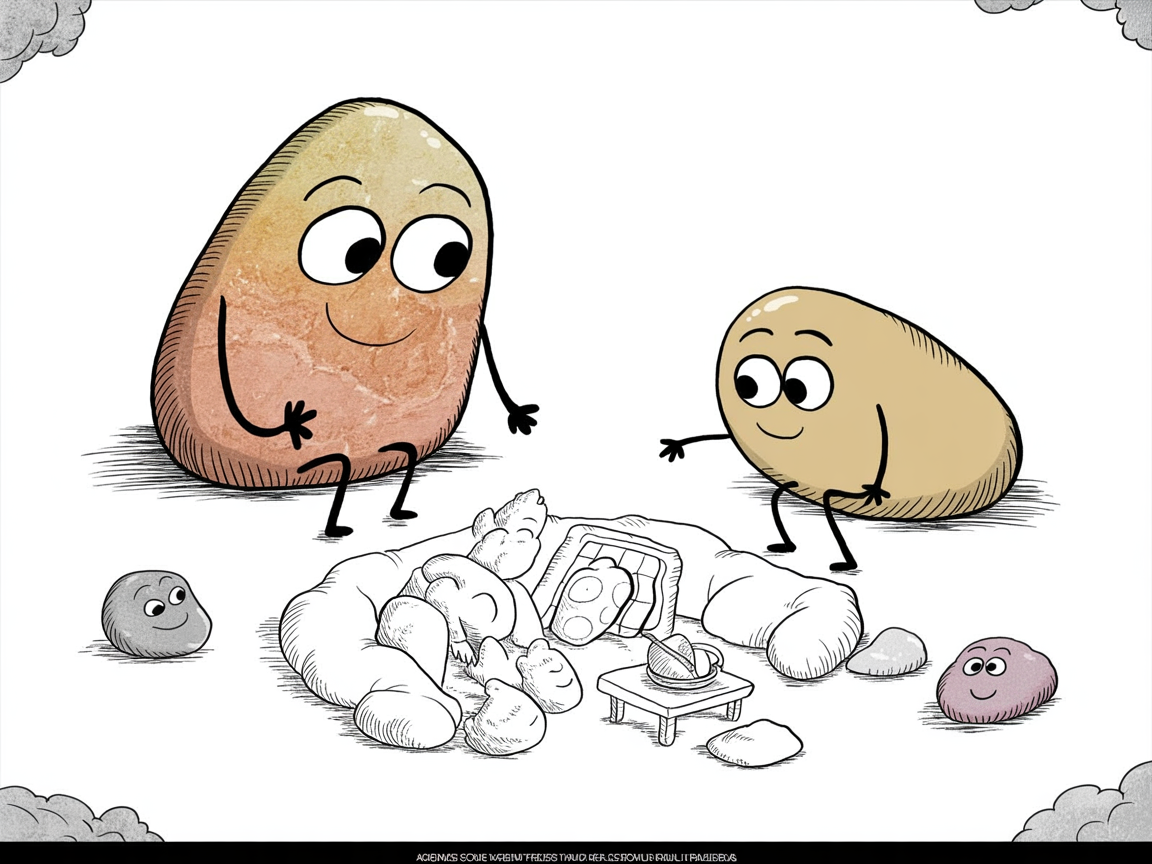 Organic vocabulary building activities shown through relaxed stone characters in a home learning moment