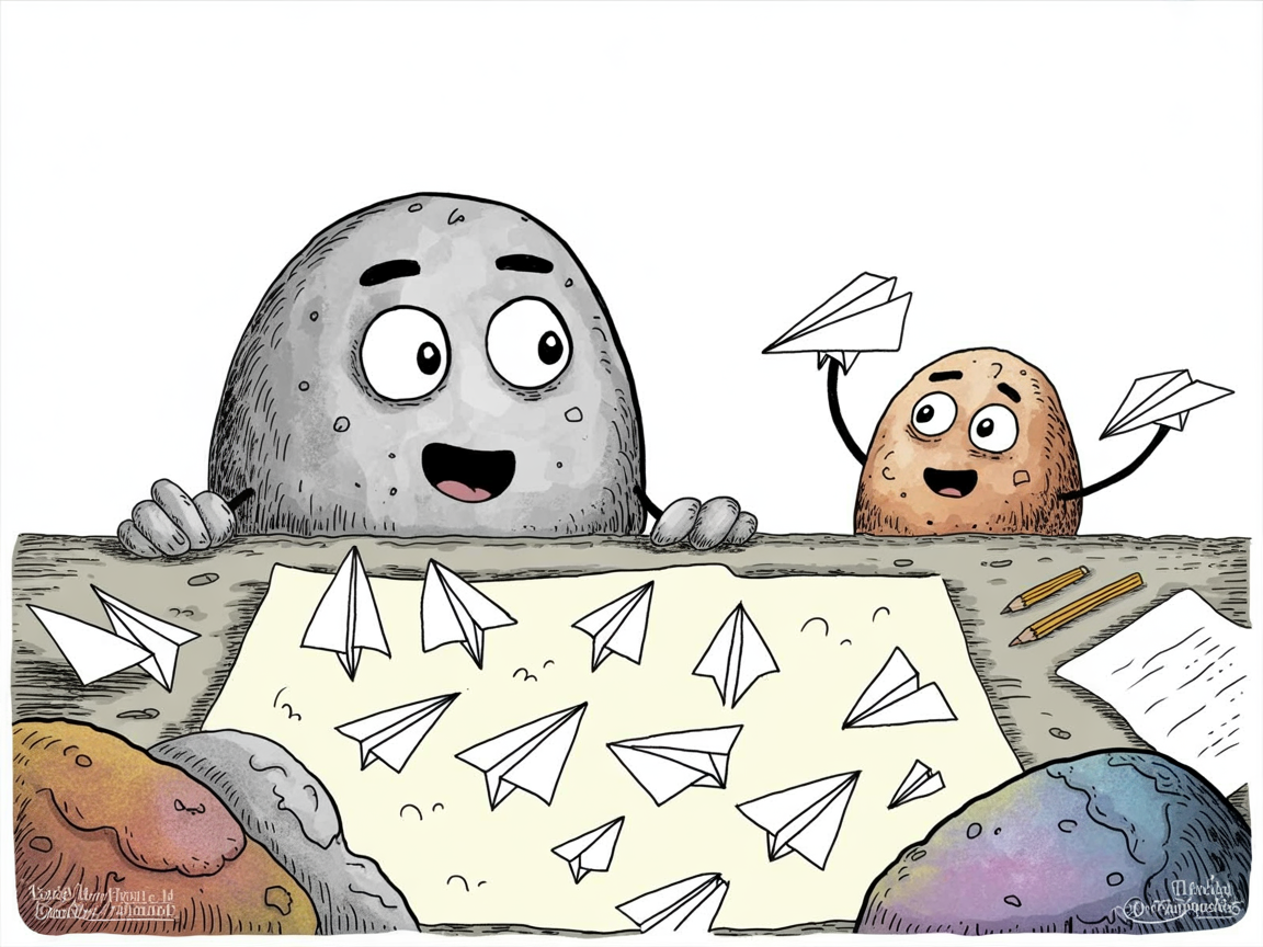 Stone characters testing paper airplane designs for homeschool makerspace setup activity