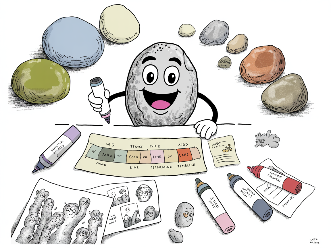 Elementary student working on colorful hand-drawn history timeline template with markers