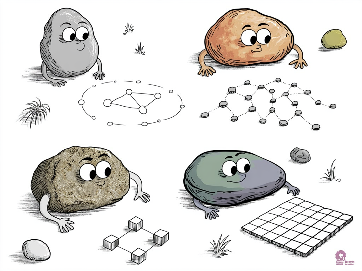 Four types of logic board games shown with stone characters