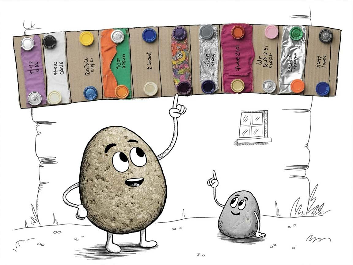 Stone characters examining a recycled art projects timeline made from cardboard and bottle caps on a wall