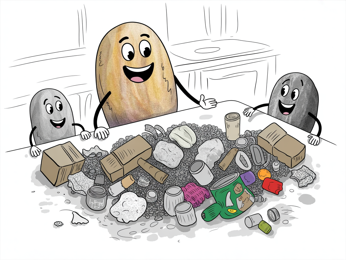 Stone characters exploring recycled art projects materials on a kitchen table with cardboard and containers