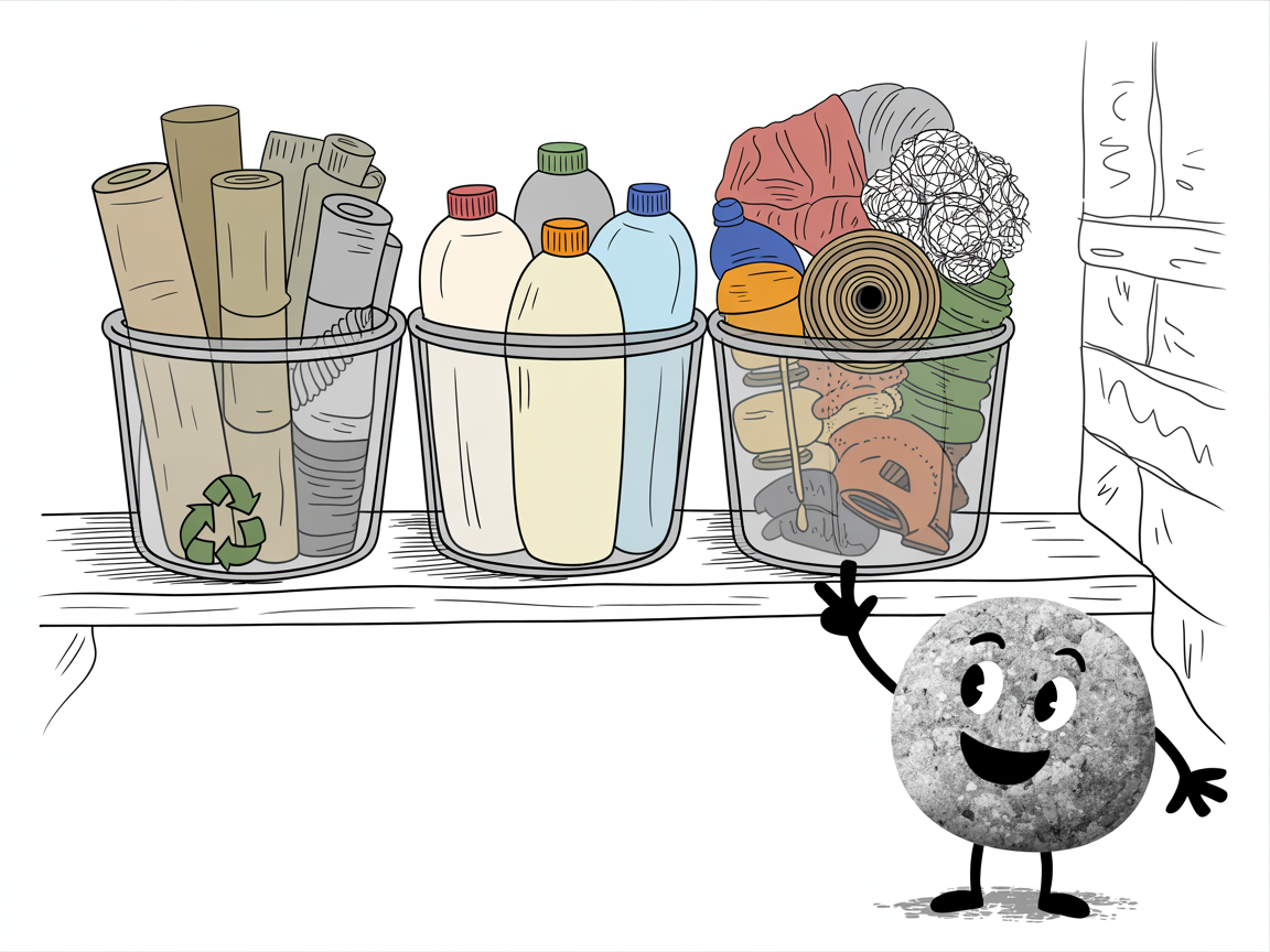 Organized storage bins filled with sorted recycled art projects materials and supplies for homeschool crafts