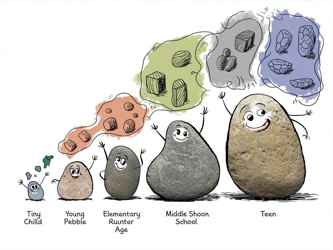 Stone characters at different ages showing brain based learning strategies