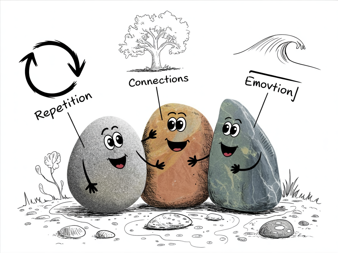 Multiple stone characters demonstrating core brain based learning principles