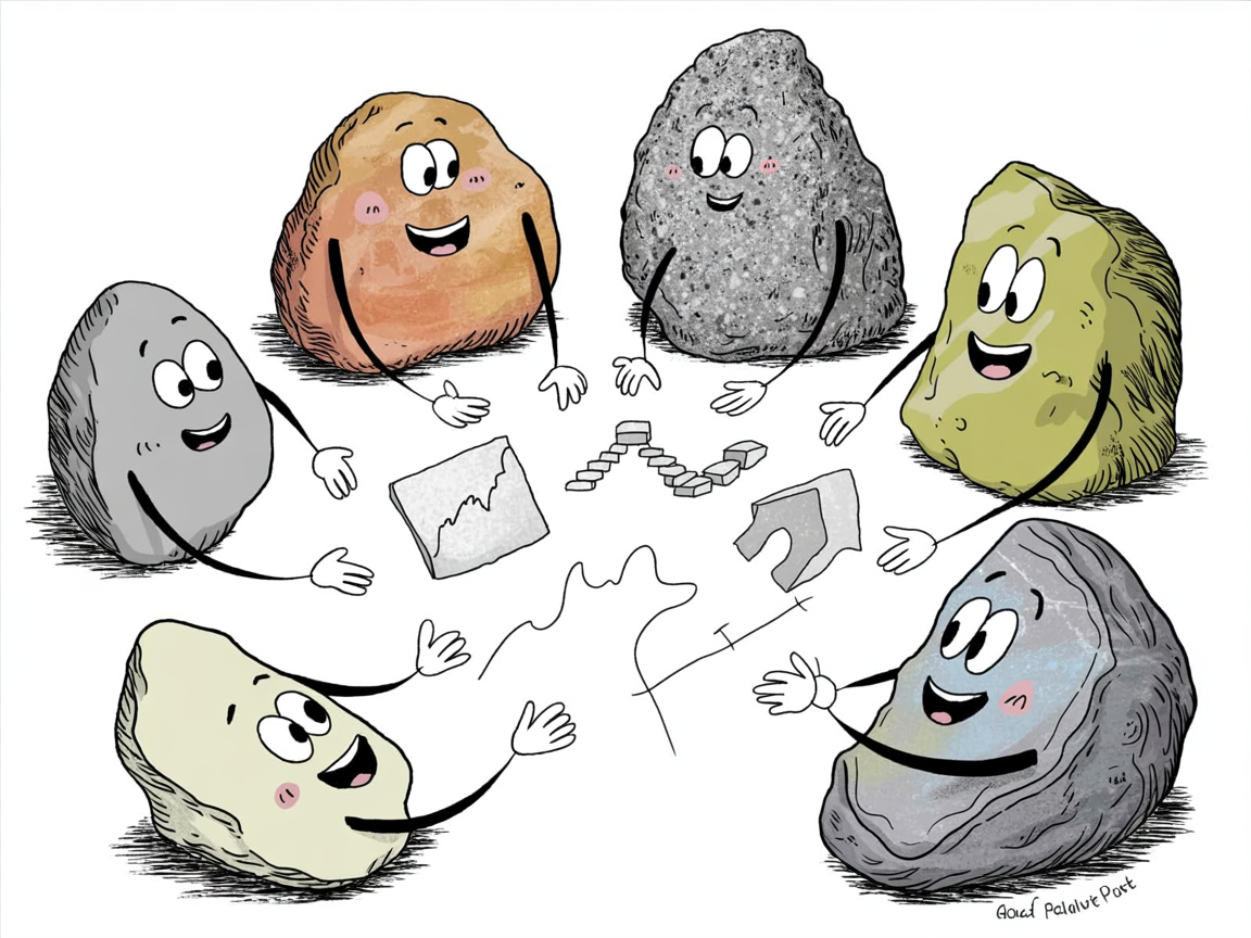 Stone characters collaboratively building a family media plan step by step