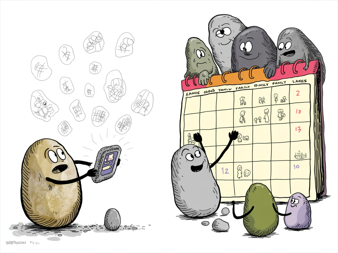 Stone characters prefer family wall calendar over digital apps