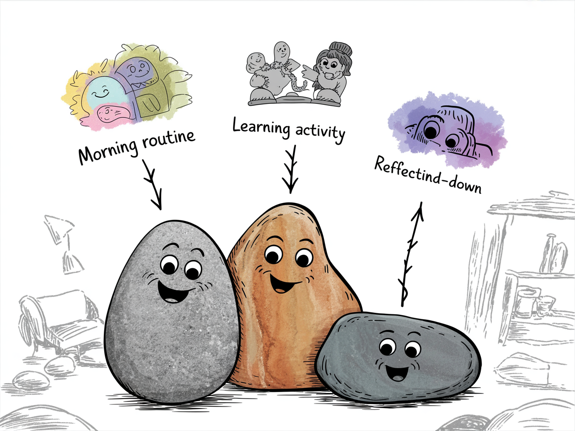 Three stone characters representing essential parts of a homeschool daily schedule