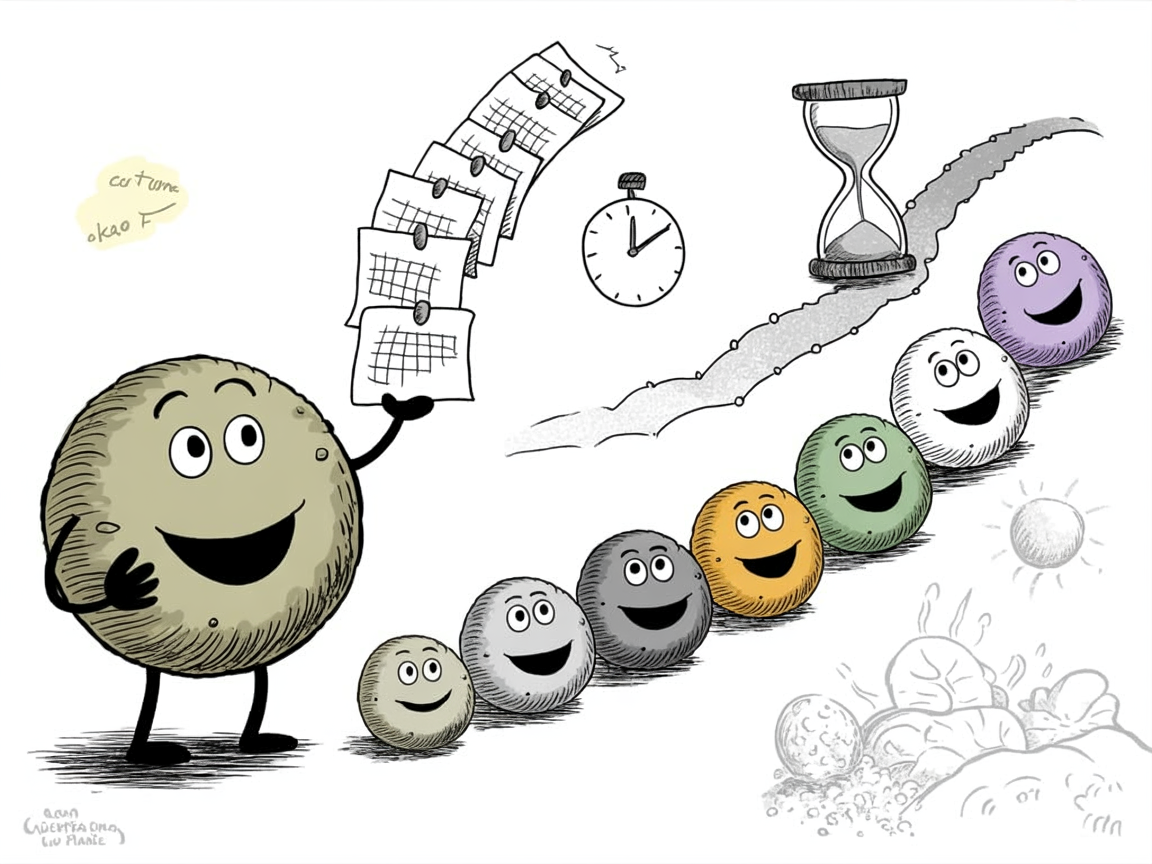 Stone characters progressing along a timeline showing duration of homeschool unit studies