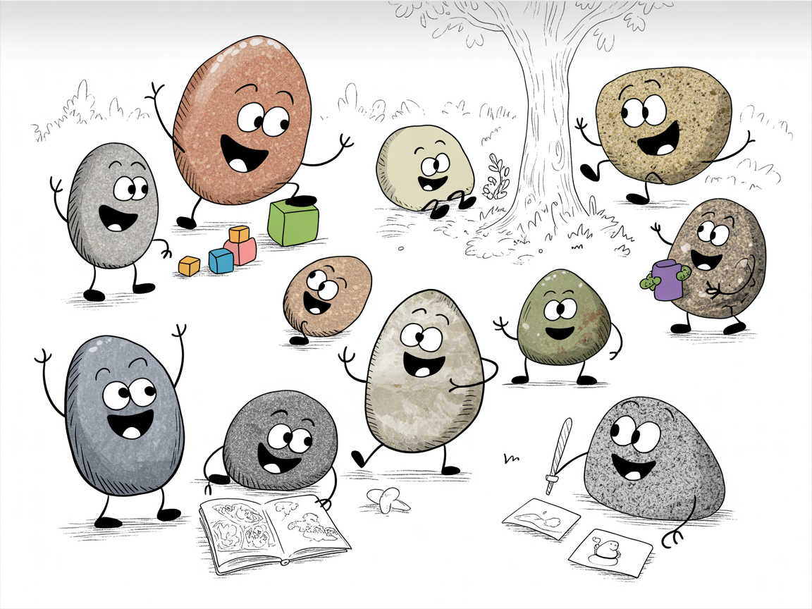Happy stone characters enjoying screen time management alternatives and engaging activities