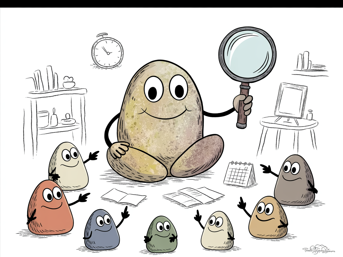 Anthropomorphic stones collaborating to audit and track screen time management habits