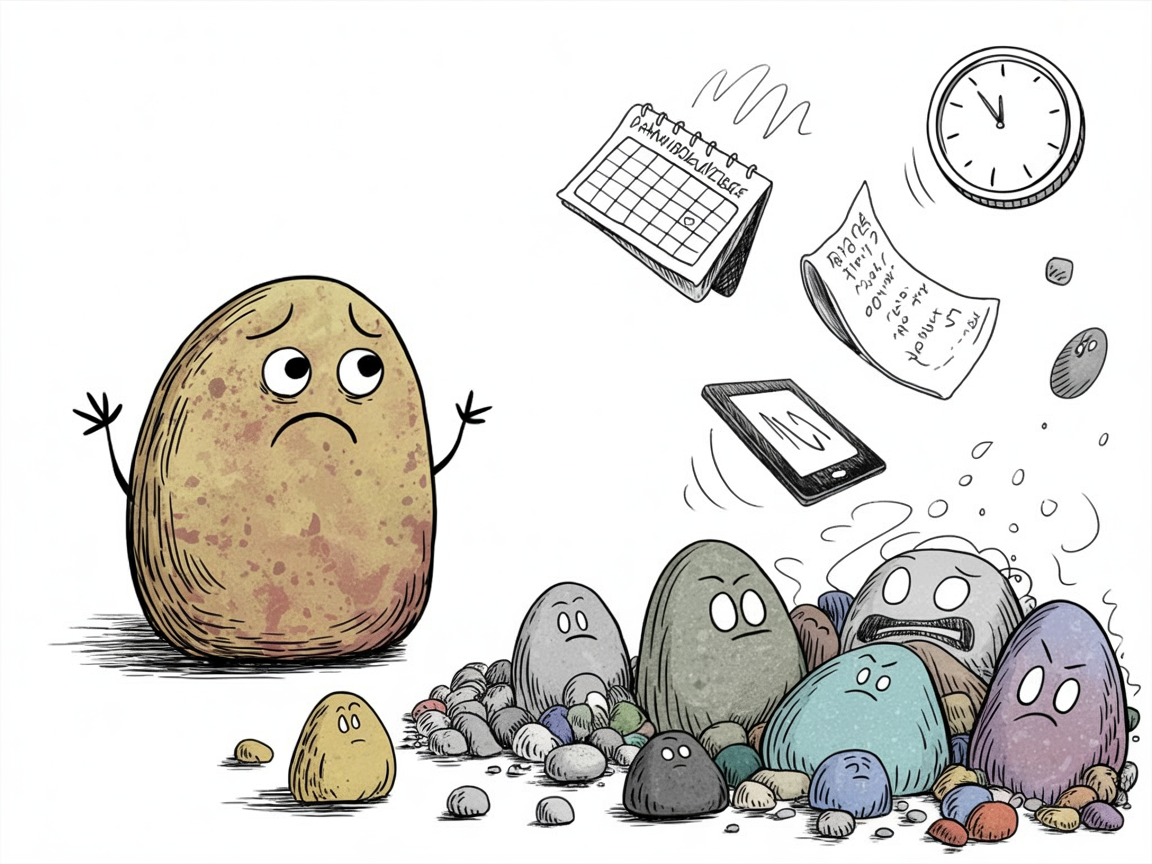 Stone character struggling with scattered family media plan pieces