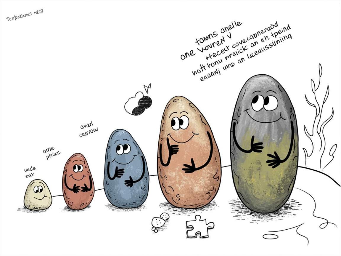 Progressive stone characters showing age-appropriate critical thinking skills building from simple to complex
