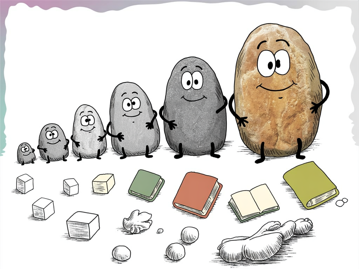 Age-appropriate screen time limits illustrated with stone characters of different sizes