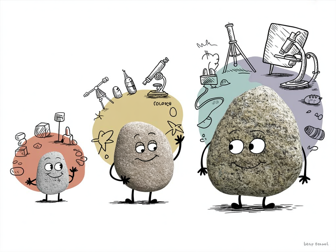Stone characters of different ages exploring age-appropriate activities