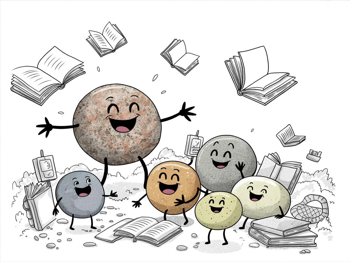 Happy stone characters sharing free homeschool resources to supplement used curriculum