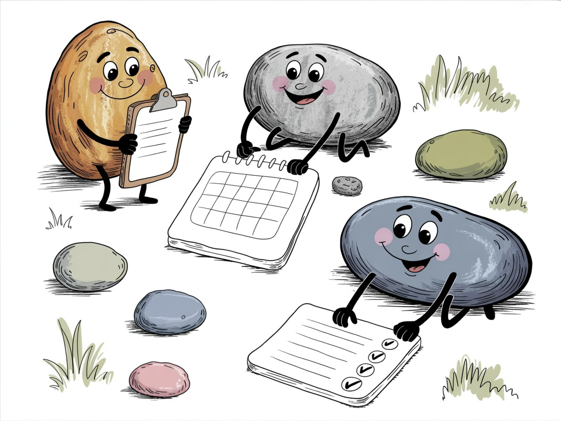 Multiple stone characters demonstrating simple homeschool attendance tracking methods