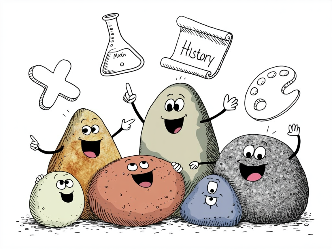 Stone characters organizing free homeschool curriculum by subject areas