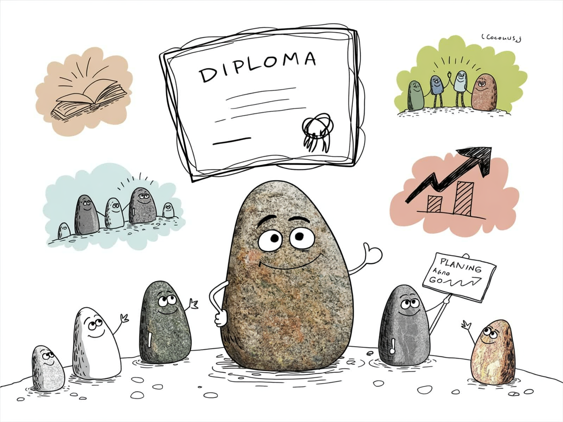 Stone character proudly displaying qualifications developed through homeschool experience, turning skills into jobs for homeschoolers