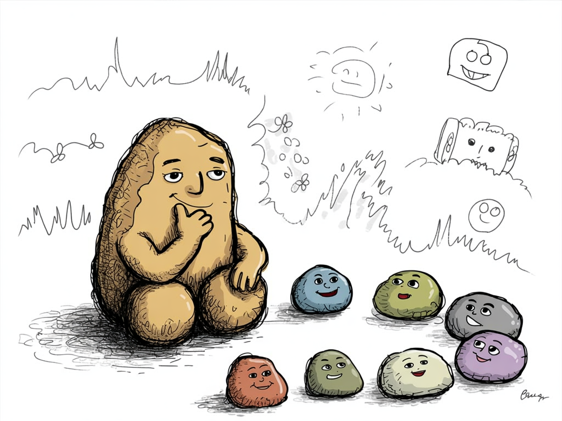 Thoughtful stone character creating a personalized plan with diverse free educational resources
