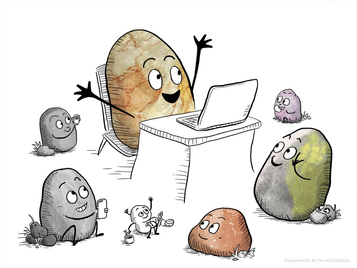 Stone character working remotely from home while caring for young children, ideal jobs for homeschoolers