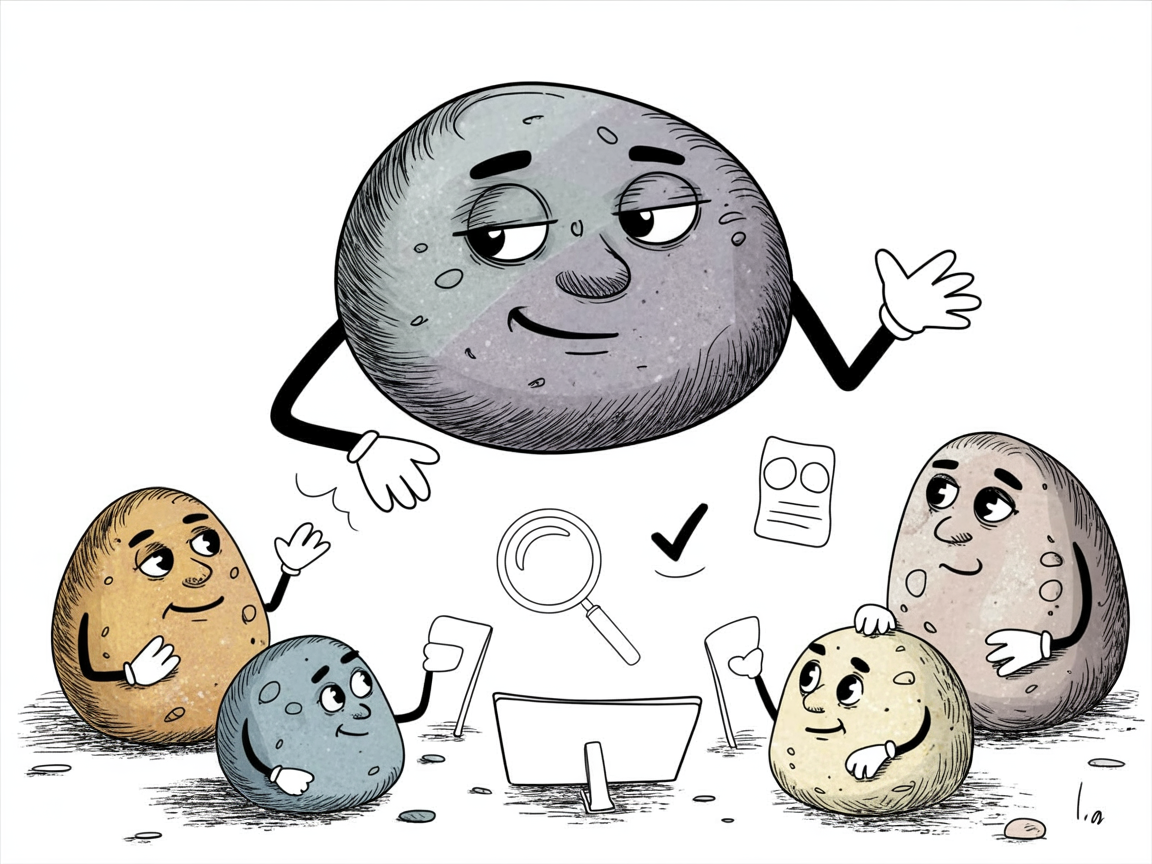 Stone characters demonstrating critical thinking skills for evaluating and analyzing information carefully