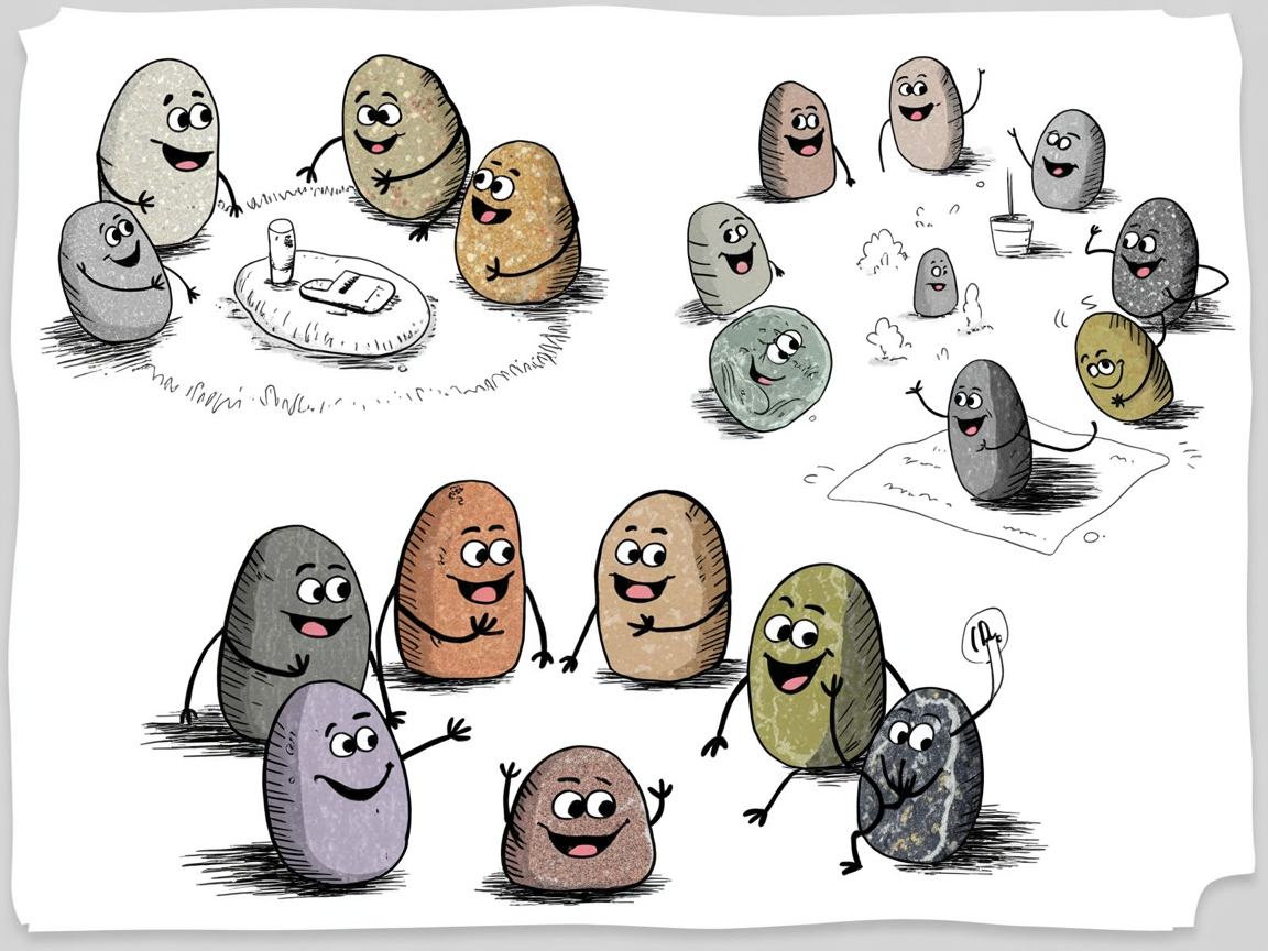 Different types of homeschool co-ops shown through varied stone character groups and activities