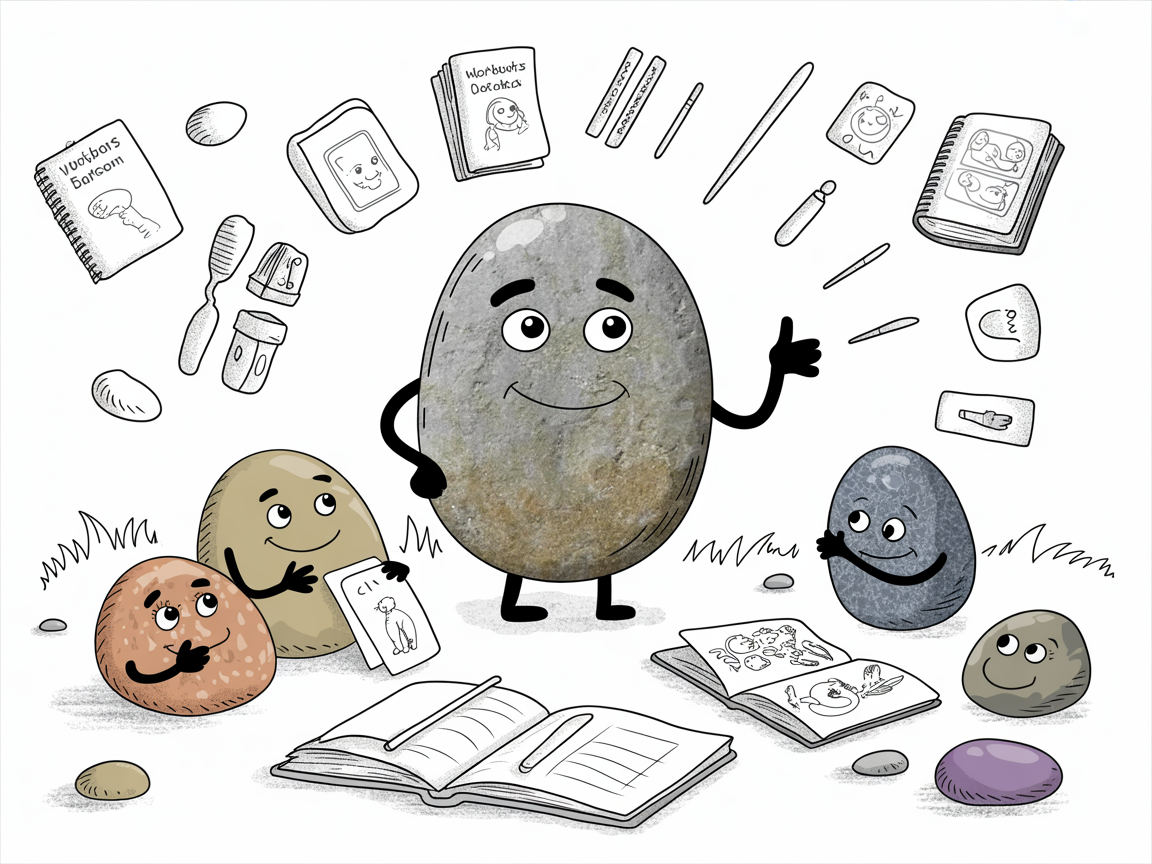 Stone characters carefully selecting quality used curriculum homeschool materials